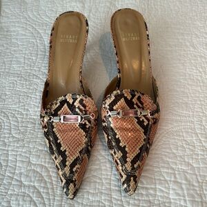 Stuart Weitzman snake skin brown tan, and pale pink Kitten Heel